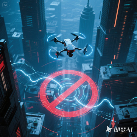 jimeng-2025-05-30-486-画面主体是一架小型无人机，悬停在一座城市的上空，无人机下方呈现一个红色的“X”标志，代表禁止或拦截的含义。城市上空布满了错综复杂的光线和信号波，象征着雷达探....jpeg