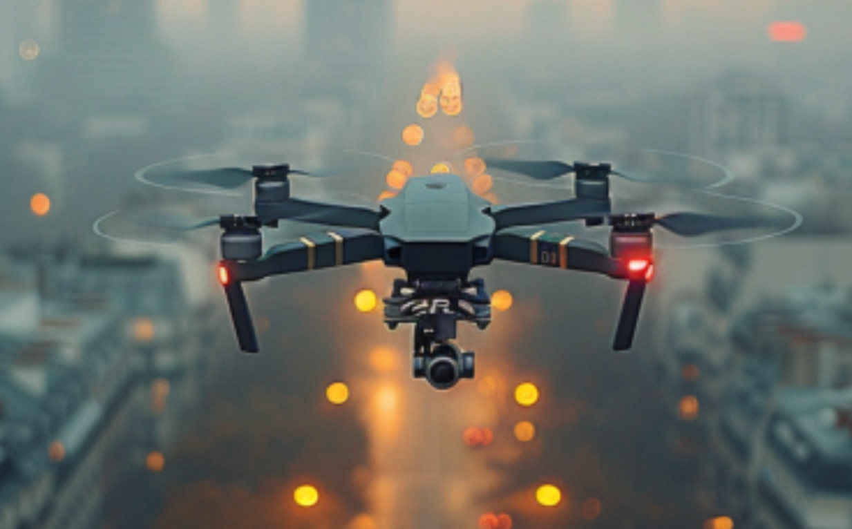 A sleek quadcopter drone hovering mid-air with its propellers spinning, equipped with a high-resolution camera, flying above a scenic outdoor landscape under a clear sky.